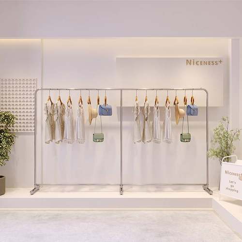 服装店网红挂衣架不锈钢拉丝银货架落地式挂衣杆服装展示陈列架子