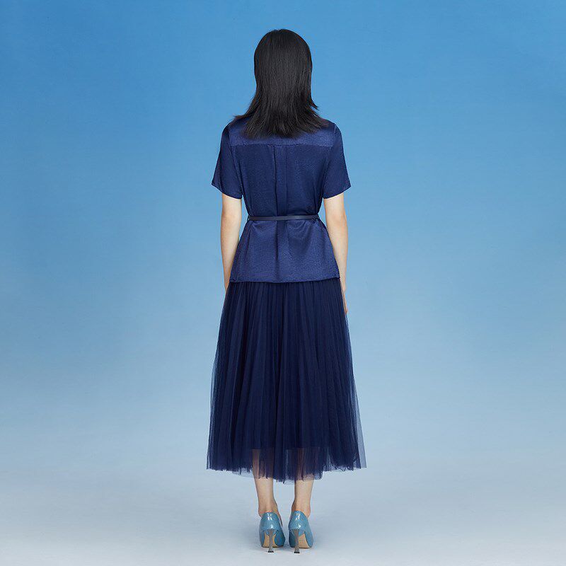 粉蓝衣橱东方缎面绣花礼服套装女2025夏短袖小衫网纱半身裙两件套
