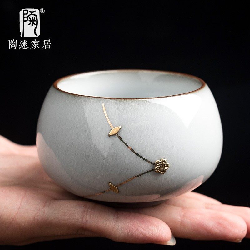 陶迷汝窑茶杯陶瓷主人杯锔钉茶具开片茶碗单杯小茶盏家用品茗杯子