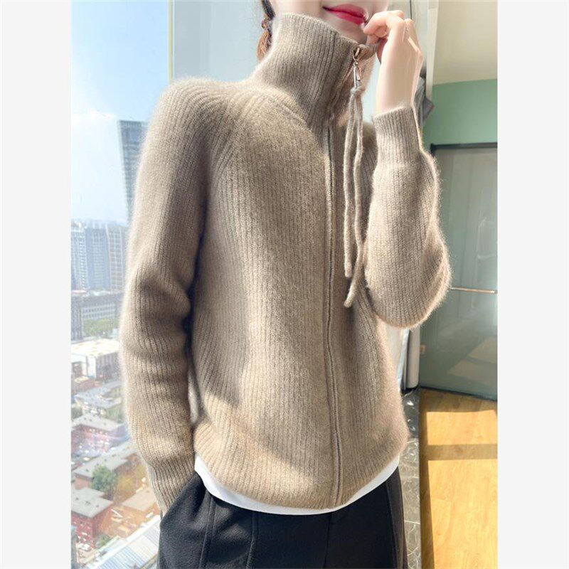 街头休闲拉链开衫毛衣外套女修身翻领2024新款秋冬立领打底针织衫
