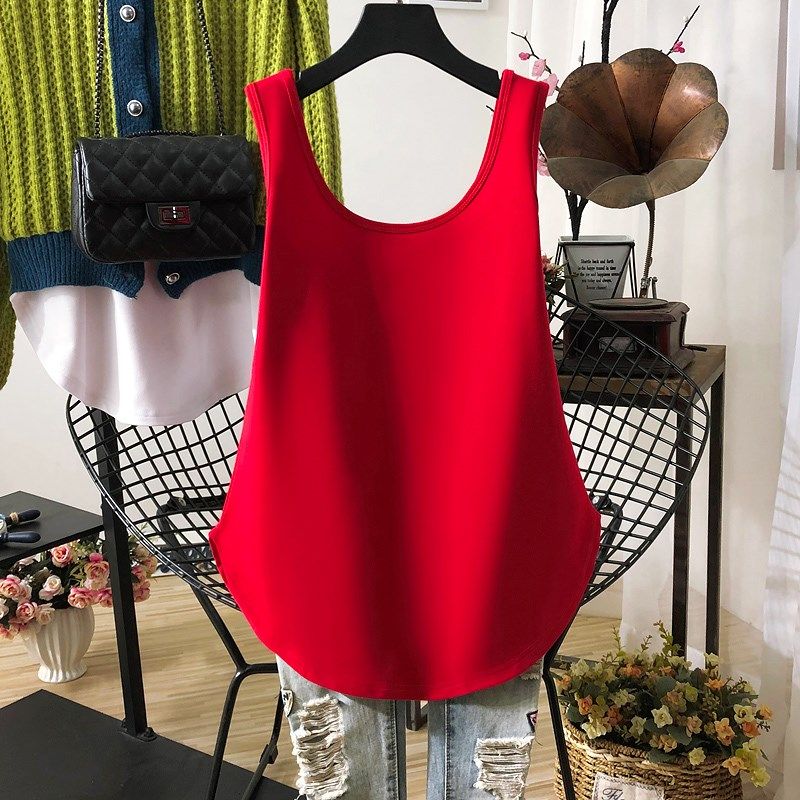 纯黑色大码吊带背心女士春秋内搭宽松中长款棉弹叠穿无袖打底衫