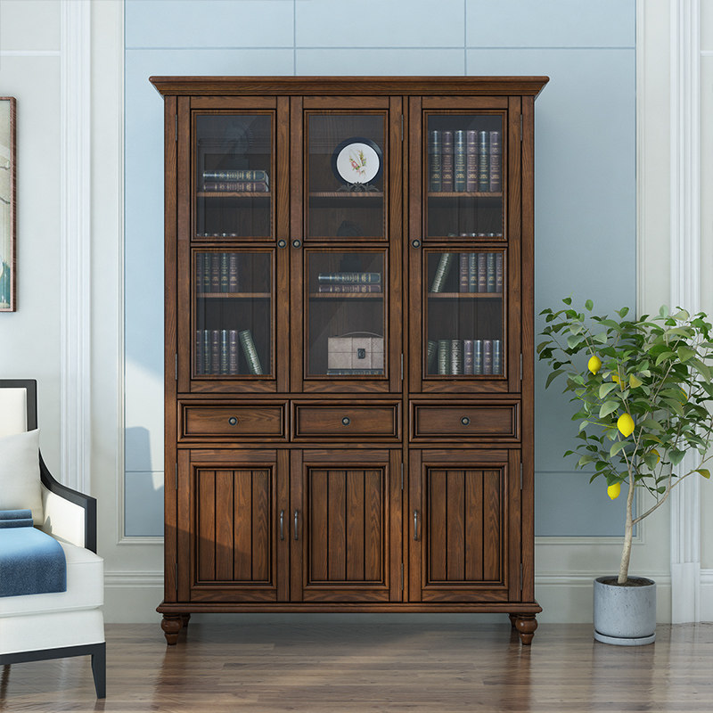 美式乡村白蜡木书柜组合简约复古全实木三门收纳柜书房储物柜家具,住宅家具,组合书柜,淘宝优惠券,粉丝福利购,淘宝优惠卷