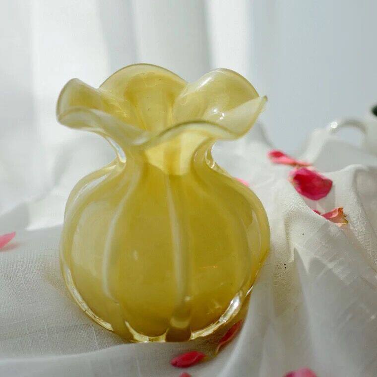 复古奶油黄花瓣台面手工玻璃桌面插花精美花器花瓶居家摆件