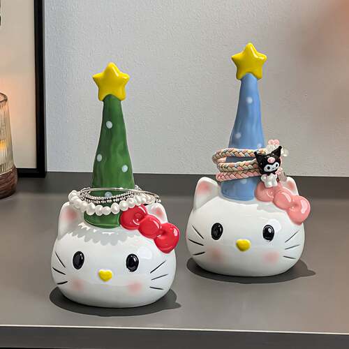 可爱Kitty猫陶瓷发圈收纳卫生间浴室首饰挂架装饰品玄关摆件