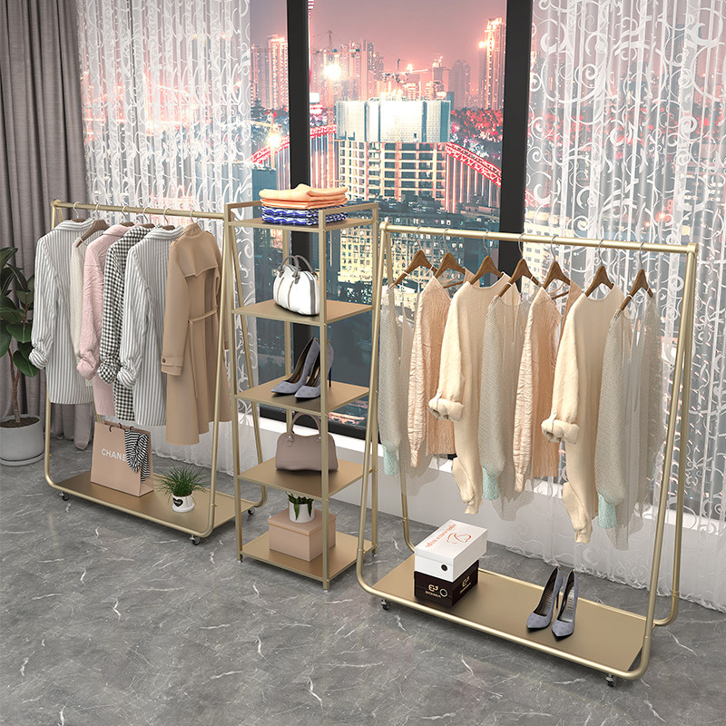 服装店包架展示架金色服装架女装店货架落地式简约衣帽衣架带轮子