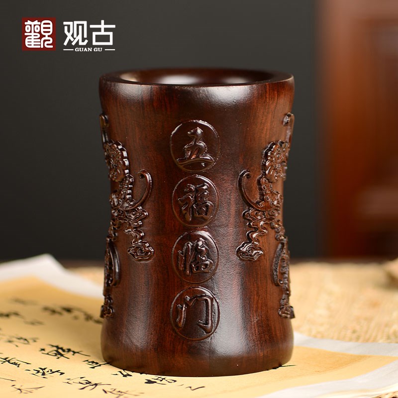黑檀木雕五福临门笔筒工艺品办公室书桌家居木质中式笔筒摆件送礼