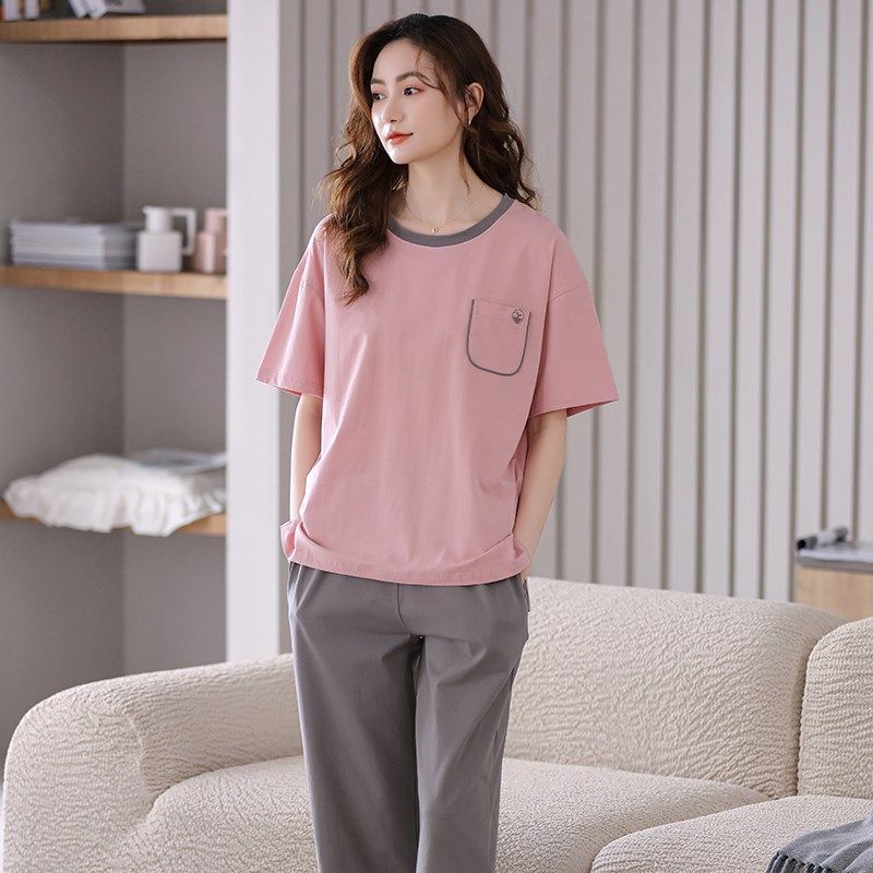 睡衣女款夏季纯棉短袖七分裤女套装家居服夏天全棉套头薄款春休闲