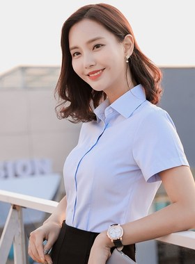 夏季女式方领短袖白衬衫浅蓝色正式商务专业修身工作服Ol面试有大