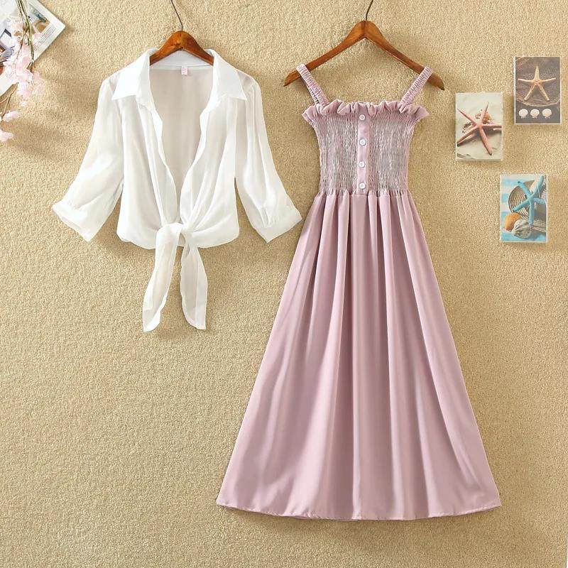 法国小众复古高腰显瘦打底吊带连衣裙两件套女夏装新款学生套装裙,女装/女士精品,时尚套装,淘宝优惠券,粉丝福利购,淘宝优惠卷