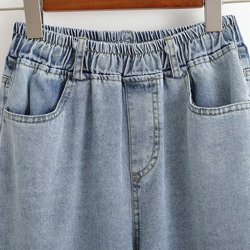 大码松紧腰阔腿牛仔裤女早秋季胖mm高腰宽松显瘦小个子九分直筒裤