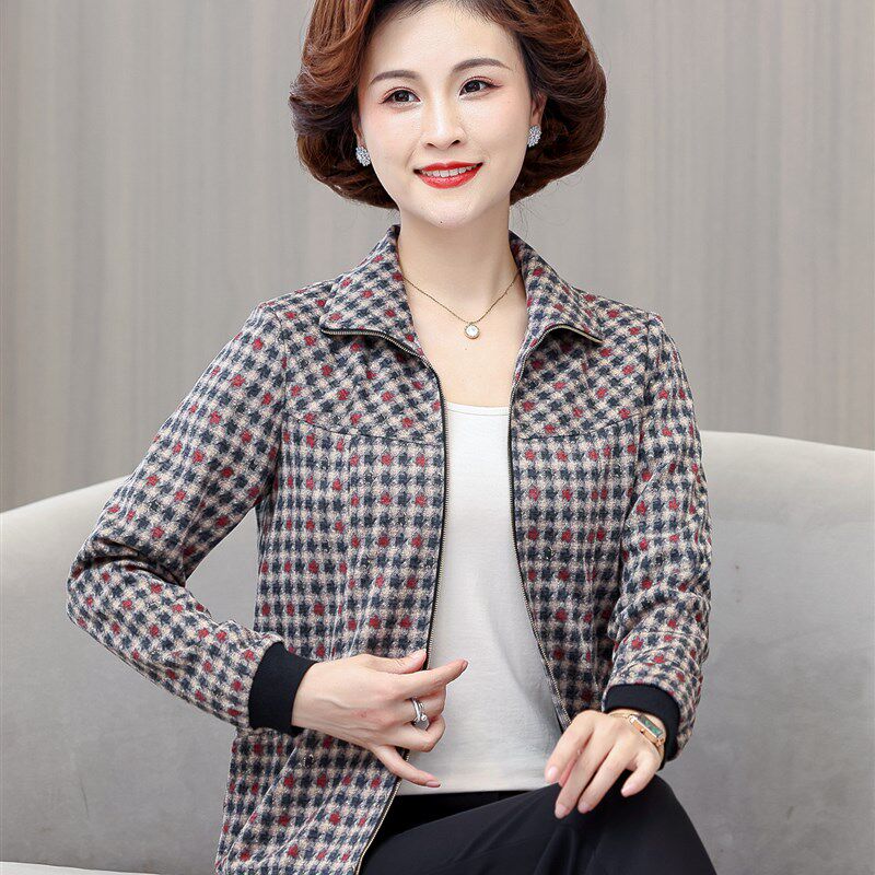小个子妈妈上衣短外套2024春秋中老年女装宽松花色拉链夹克衫口袋