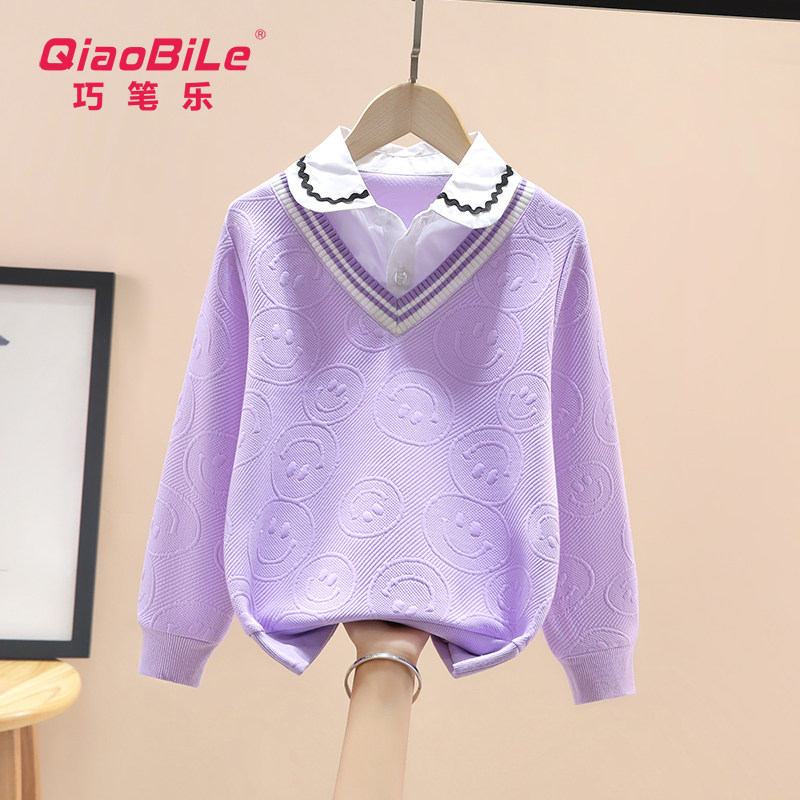 2024新款女童卫衣春秋薄款衬衫领假两件长袖POLO中大儿童装打底衫