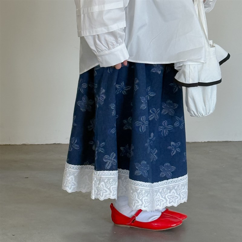 女童半身裙长款牛仔小女孩裙子宽松碎花花边休闲儿童长裙童装春款