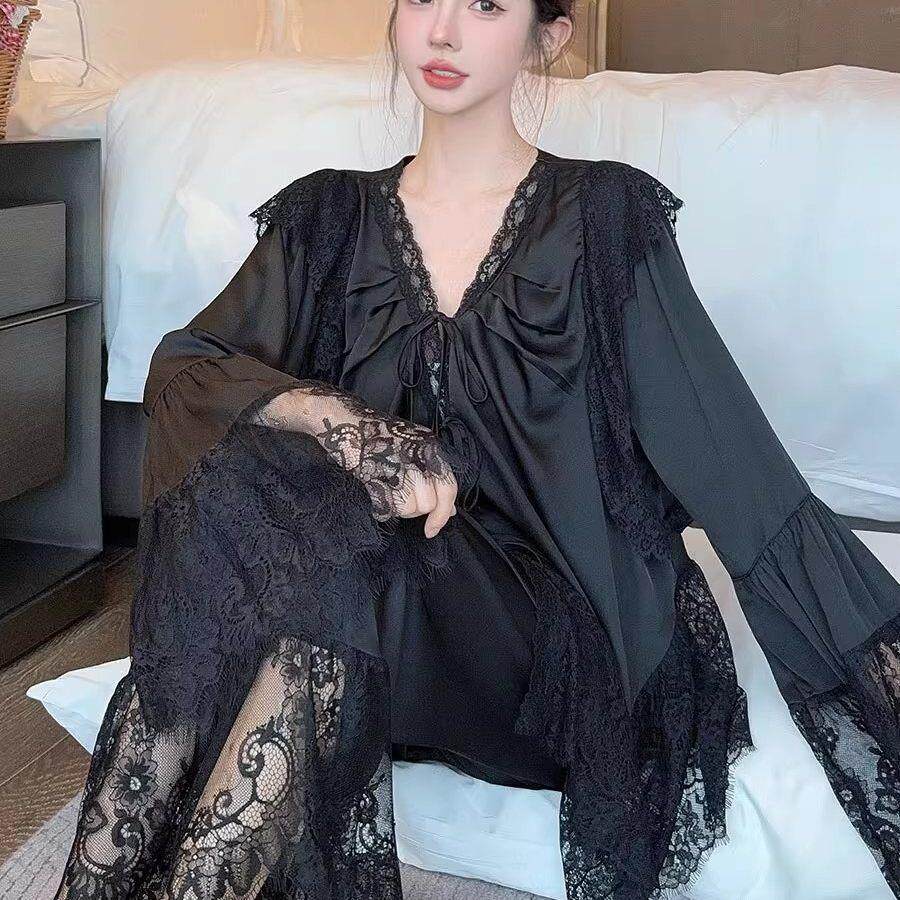 冰丝睡衣女款夏季高级感黑色真丝绸长袖长裤法式公主风家居服套装