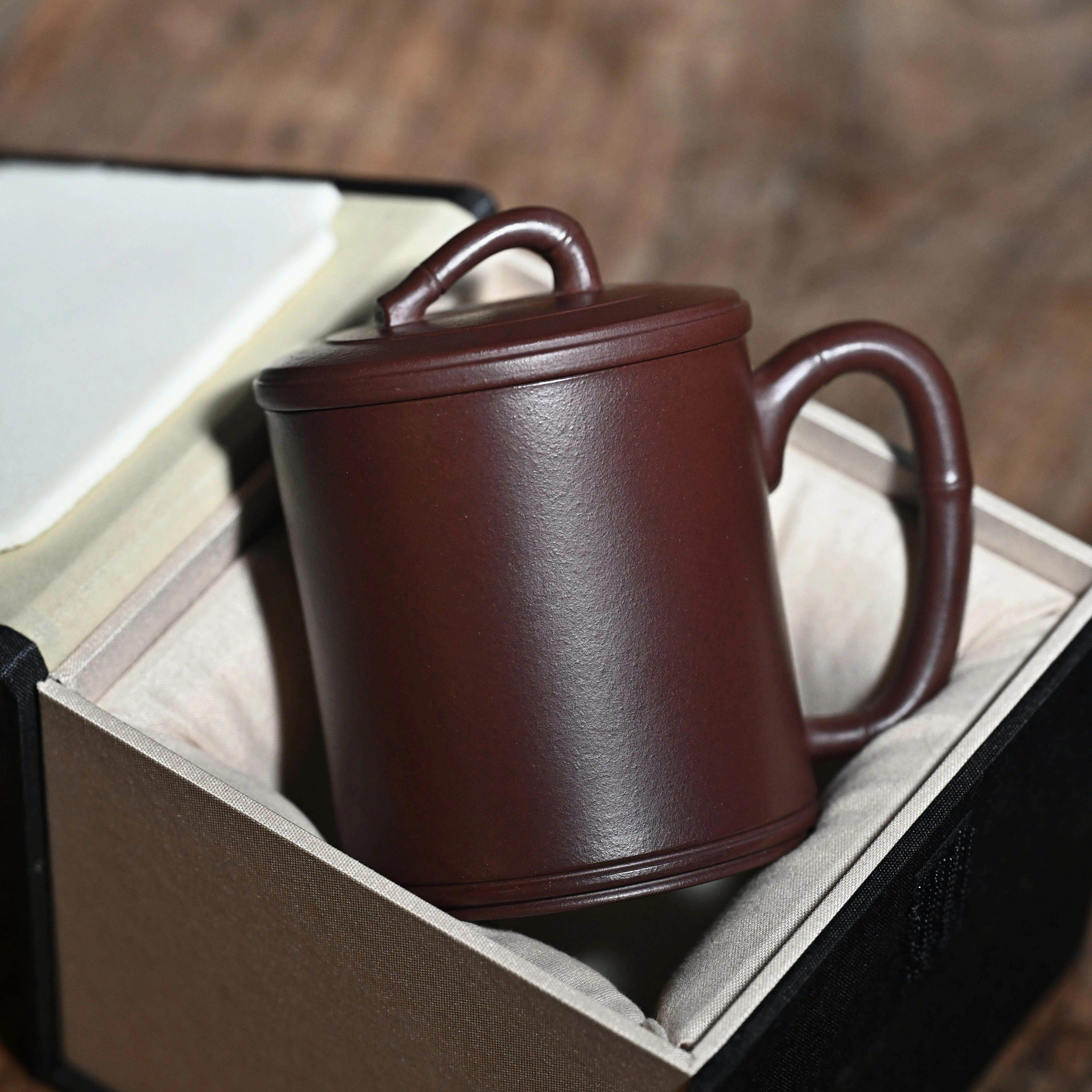 宜兴紫砂杯纯手工紫泥茶杯家用茶具带把盖杯办公杯竹节送人礼盒