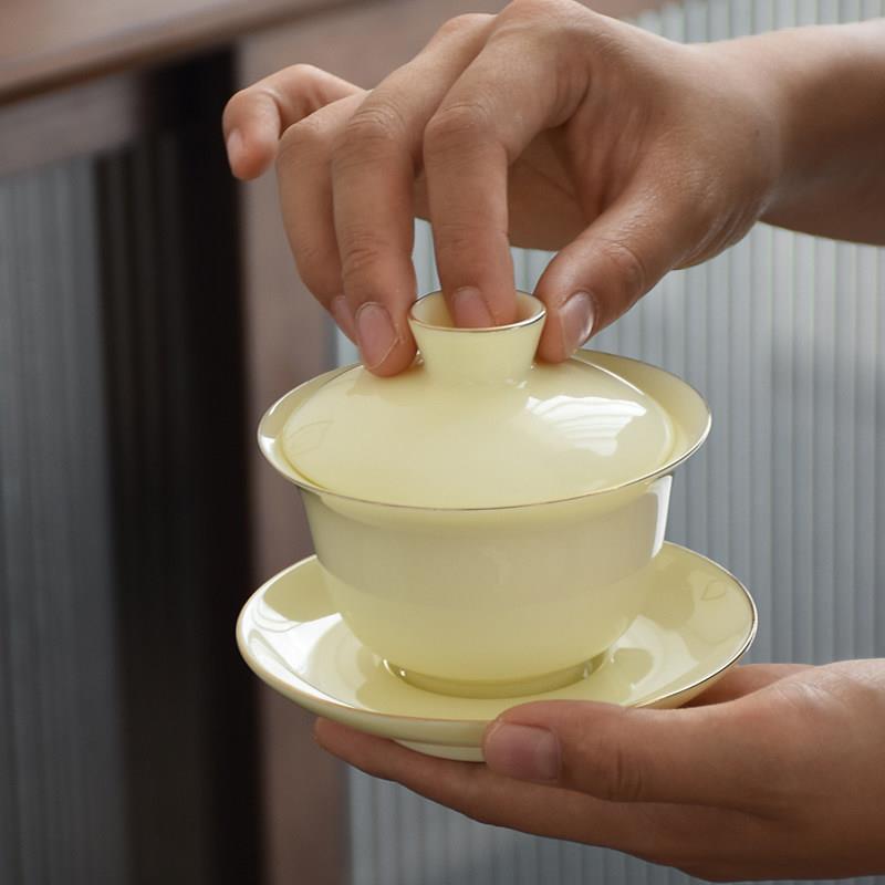 宝石黄羊脂玉三彩盖碗茶具盖碗单非热大陶瓷家用中国茶具