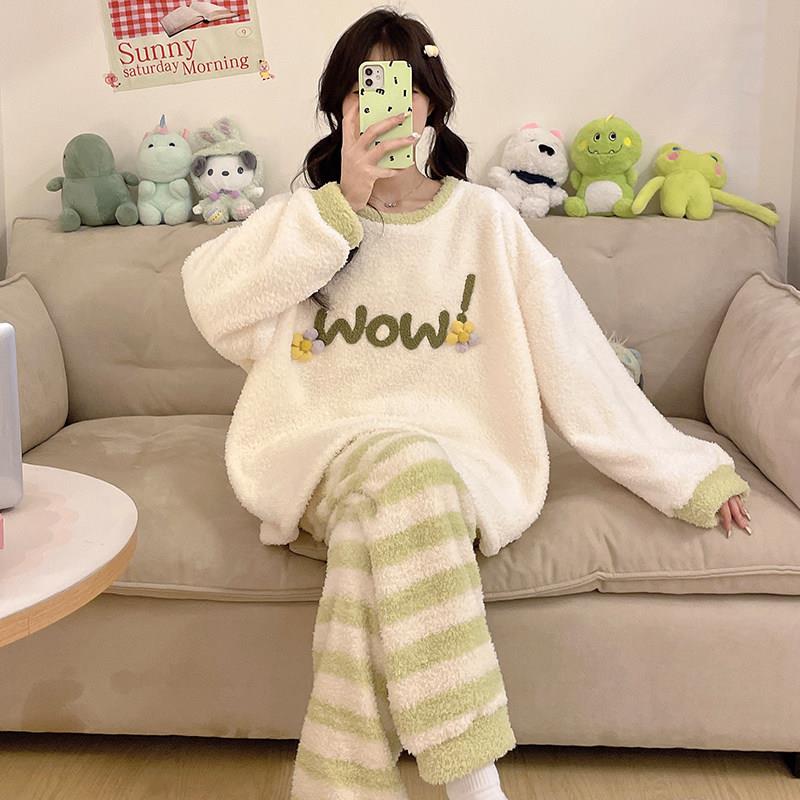 半边绒睡衣女冬季珊瑚绒加厚加绒秋冬款简约风长袖套装冬天家居服