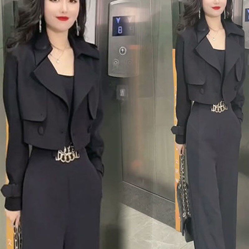 2024早春新款时尚连体裤套装洋气显瘦短款上衣外套阔腿裤两件套女