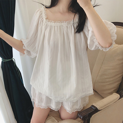 法式新款睡衣女夏短袖套装甜美公主睡衣方领宫廷可爱纯棉家居短裤