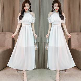 挂脖露肩雪纺连衣裙2020新款法国小众蕾丝渡假裙子白色长裙女夏季