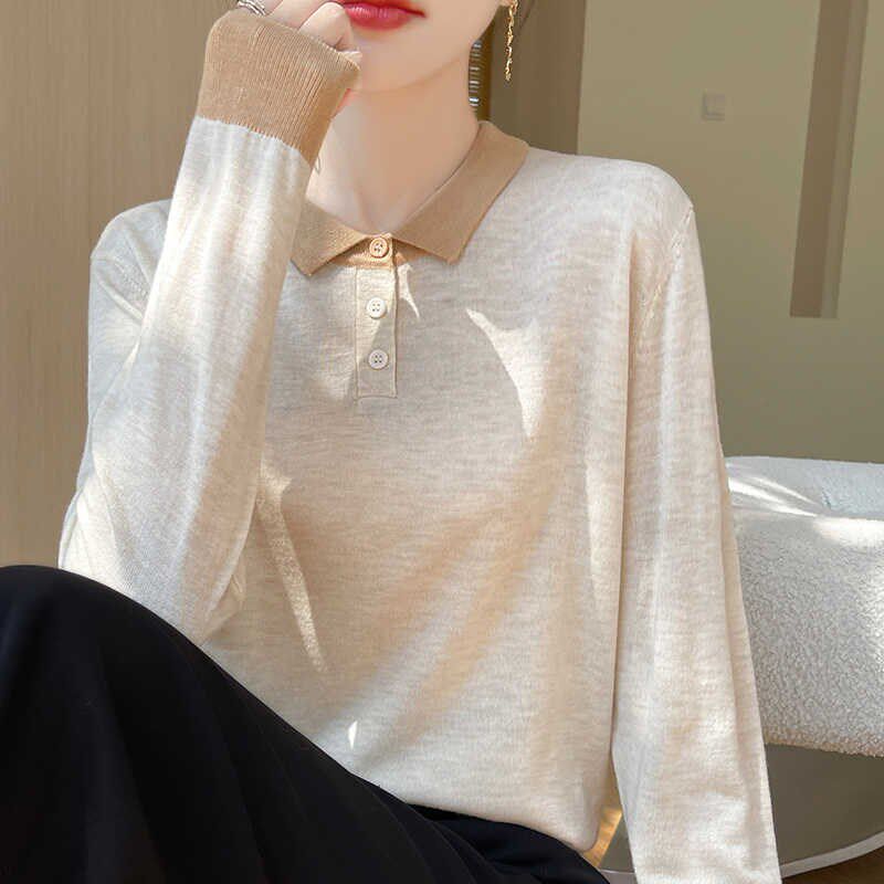 POLO领拼色精纺羊毛长袖针织衫女春秋薄款翻领毛衣宽松内搭打底衫