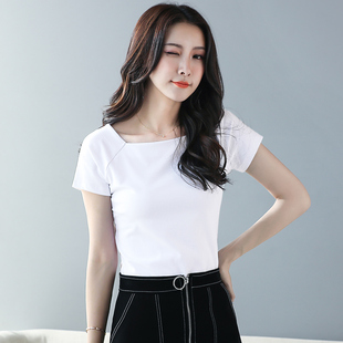 设计感心机短袖t恤女紧身百搭打底衫方领气质漏锁骨小众上衣夏季