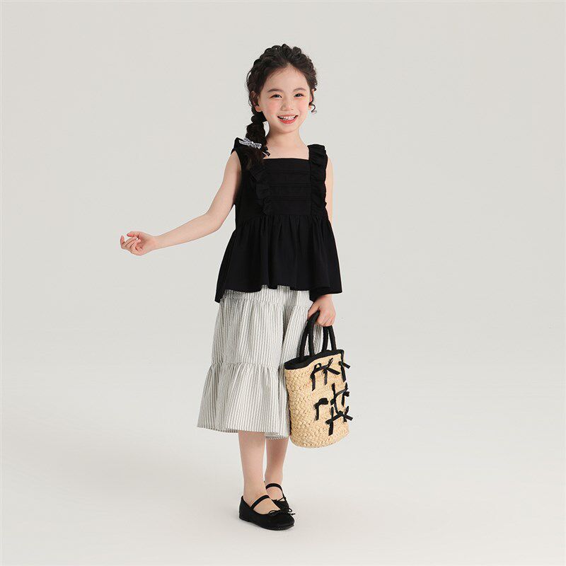 沫沫家夏装女童2024夏季新款儿童无袖梭织衬衫条纹裙裤