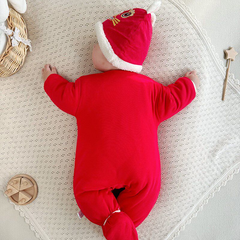 新生婴儿满月百天衣服新款夹棉男女宝宝秋冬季包脚连体衣过年套装