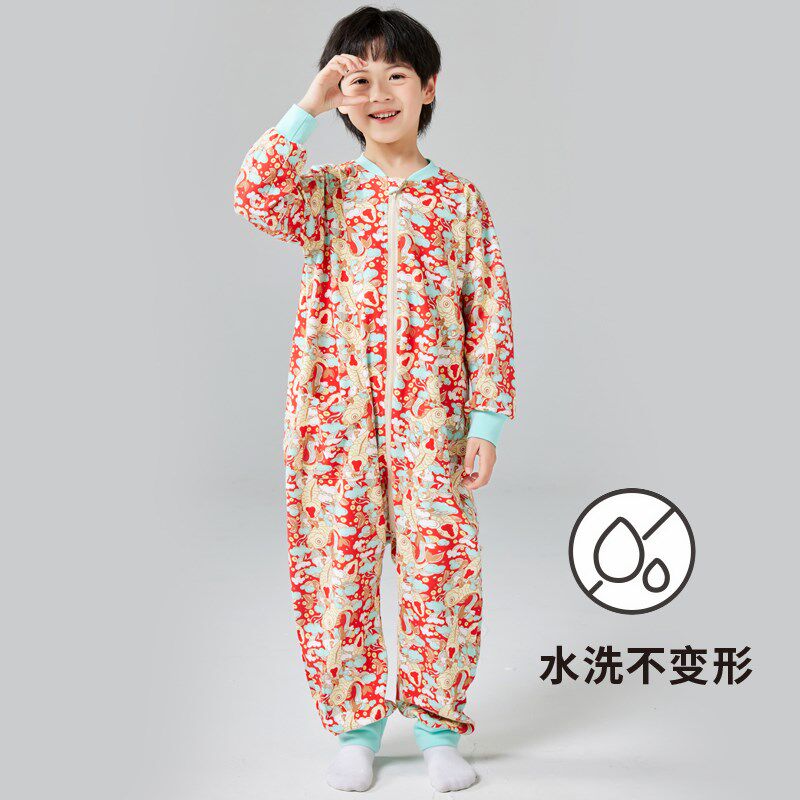 灵灵多春季儿童连体睡衣纯棉男童连身睡袋中大童宝宝防着凉睡衣