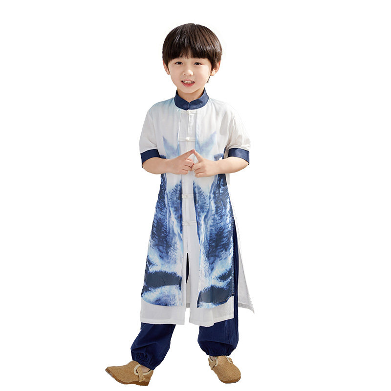 仙风古气汉服夏季套装男儿童盘扣唐装小孩中国风民族朗诵国学儒服