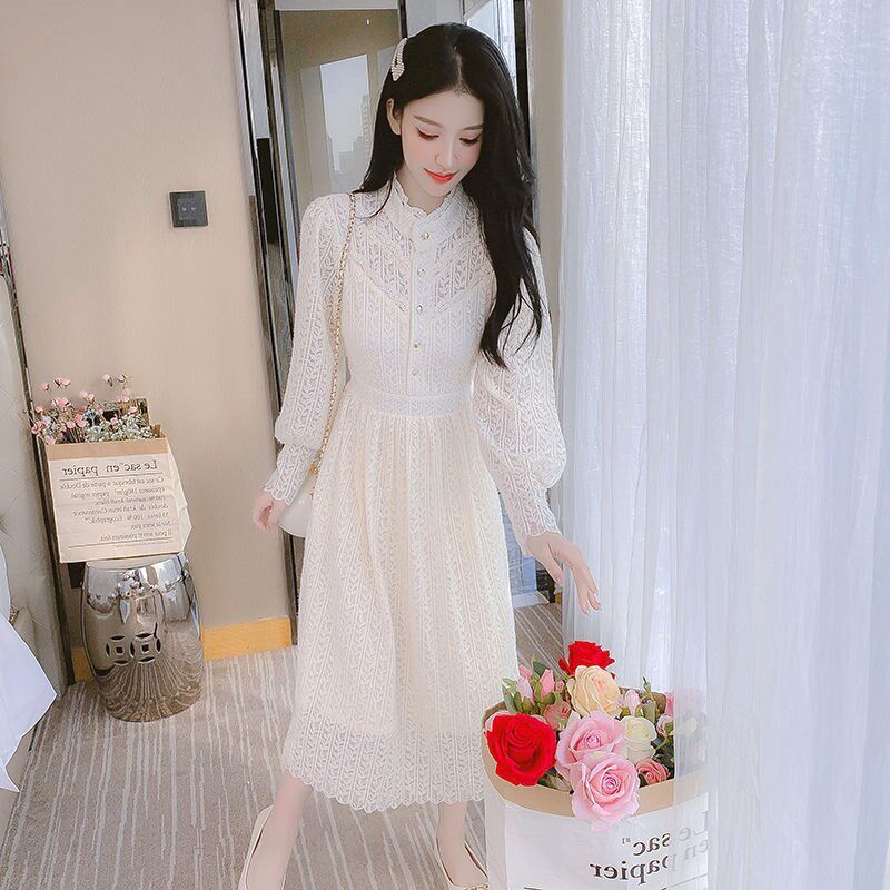 2024年新款高级感气质打底裙冬季加绒加厚蕾丝连衣裙子女装秋冬装