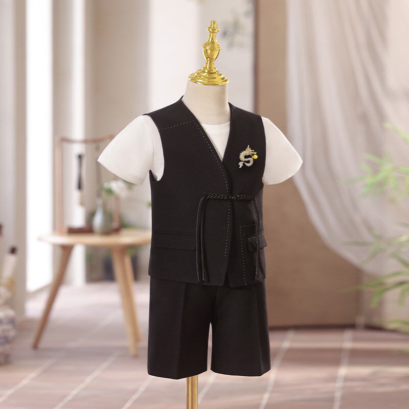 主持人礼服男童中式儿童西装套装2024新款夏季黑色钢琴演出服花童