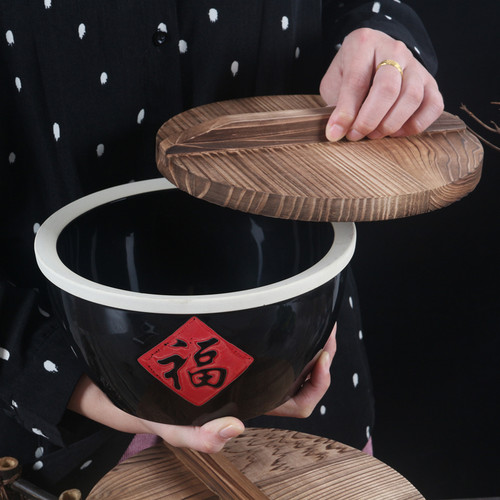 复古陶瓷大号福字汤盆汤碗带盖发面盆黑瓷碗耐高温钵钵鸡冷串串盆