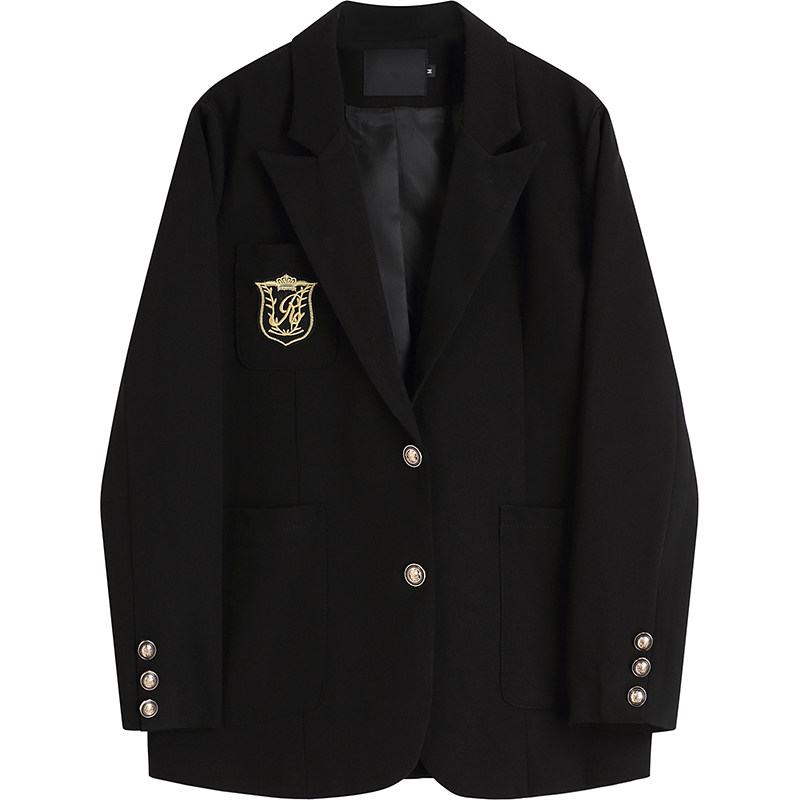 学院风徽章黑色西装外套女春秋装2021年新款休闲宽松显瘦小西服女