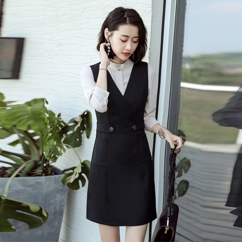 春秋新款职业装无袖马甲连衣裙气质两件套背心裙套装美容师工作服