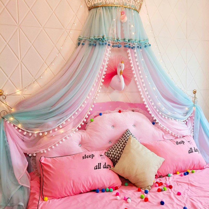 公主床幔床帘家用卧室装饰纱可爱粉嫩少女通用毛球欧式宫廷含皇冠,床上用品,床幔,淘宝优惠券,粉丝福利购,淘宝优惠卷