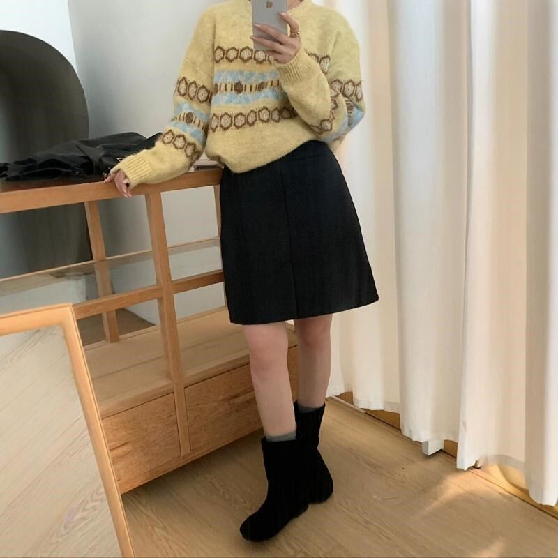 灰色羊毛呢半身裙女秋冬大码高腰显瘦a字小个子遮胯开衩包臀中裙