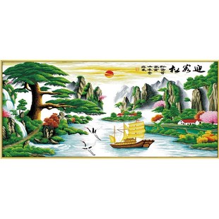 网红沙发背景墙挂画迎客松大气油画晶瓷画客厅一整幅横版新中式装