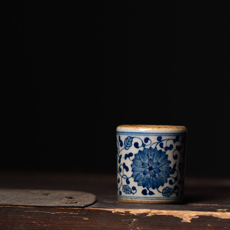 独清 老泥青花缠枝菊盖置 陶瓷手绘茶桌把玩小件扳指盖托茶具配件