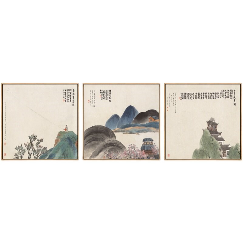 齐白石客厅挂画石门二十四景山水画新中式饭厅装饰画书房水墨国画