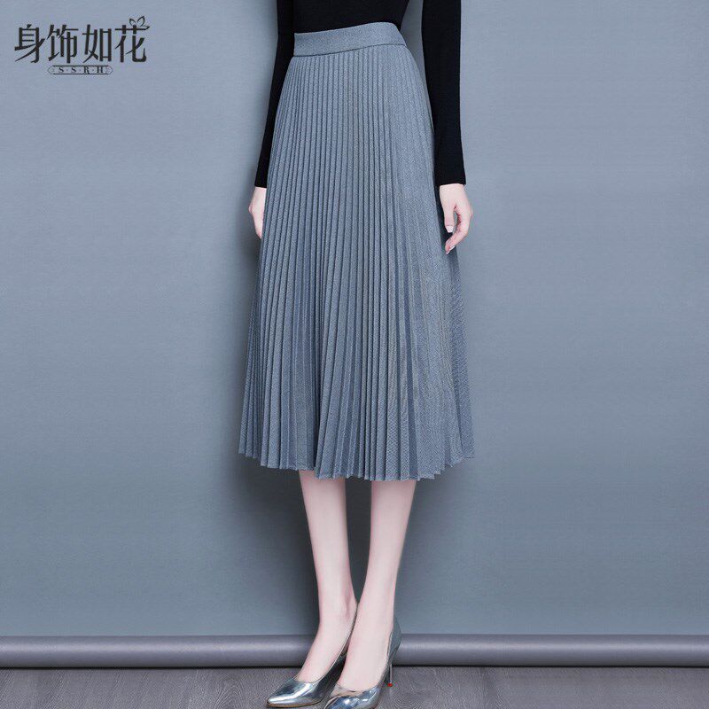 气质百褶裙2024春秋季新款高腰显瘦中长款裙子优雅百搭灰色半身裙