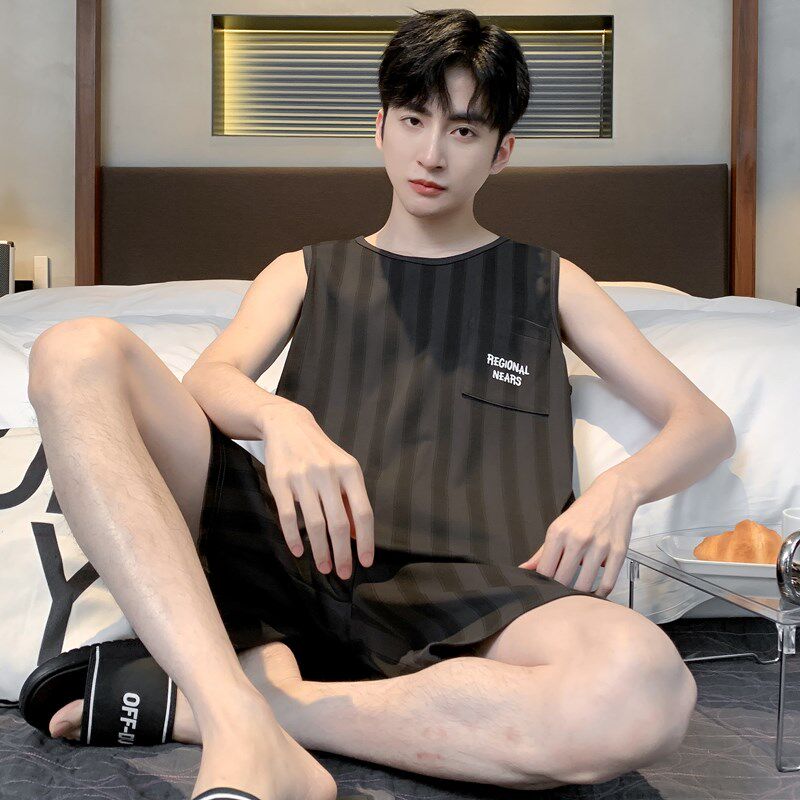男款睡衣男士夏季纯棉薄款无袖背心短裤夏天大码卡通款家居服套装