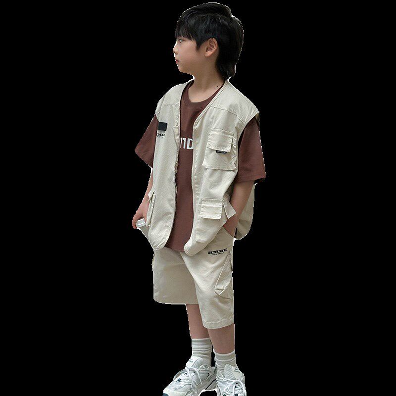 男童短袖工装马甲三件套夏装2024新款潮中大童夏季套装儿童装洋气