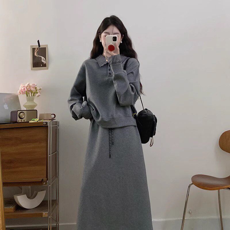 大码复古学院风套装女春秋休闲长袖卫衣胖MM显瘦高腰半身裙两件套