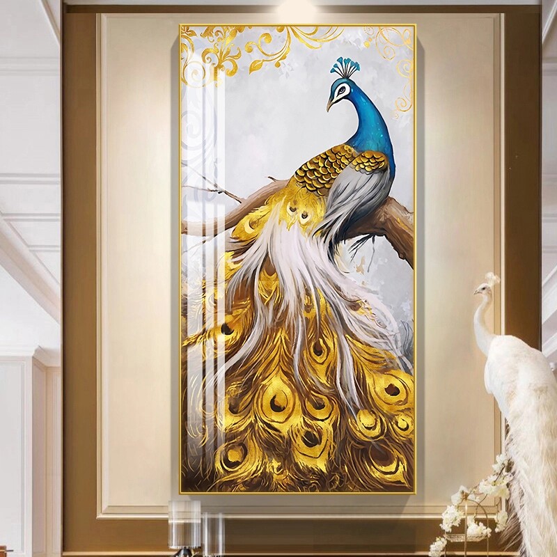孔雀入门玄关装饰画走廊过道背景墙尽头壁画客厅竖版招财晶瓷挂画