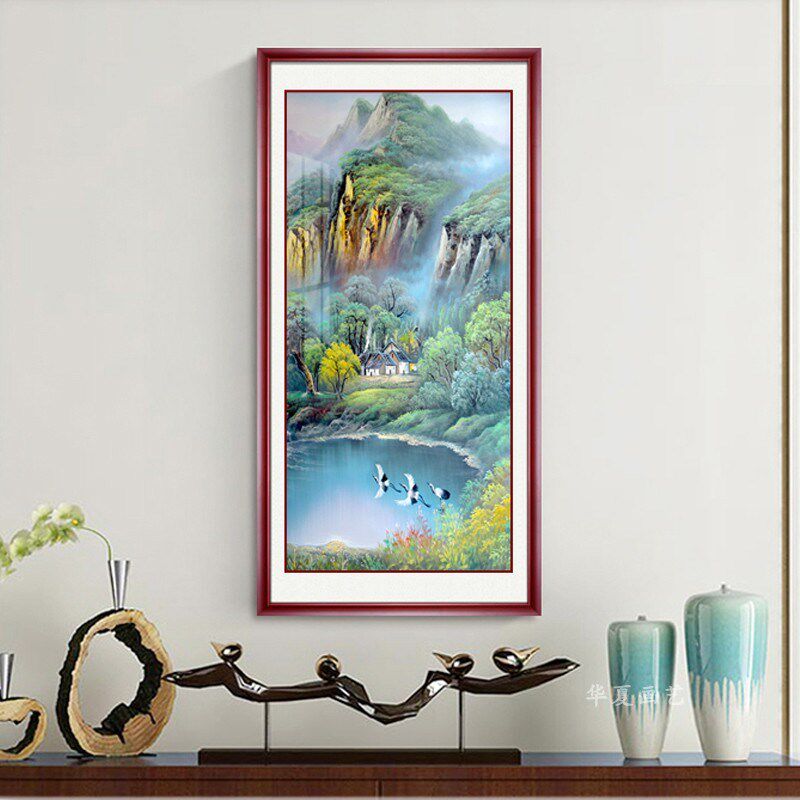 玄关装饰画新中式山水风景靠山招财挂画竖版单幅入户过道走廊壁画