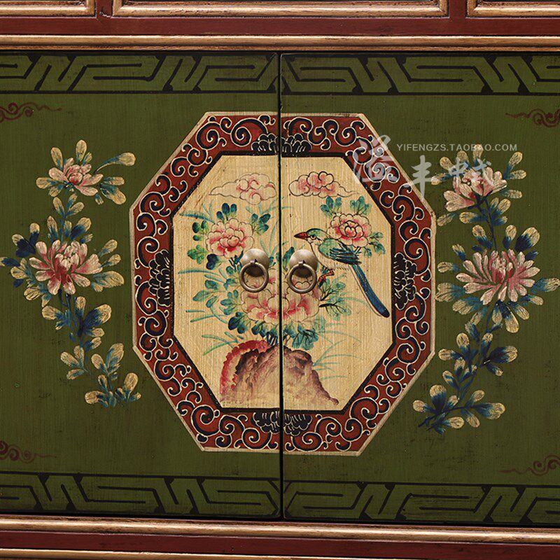 复古做旧柜新中式玄关柜仿古典实木门厅装饰餐边柜手绘玄关鞋柜子