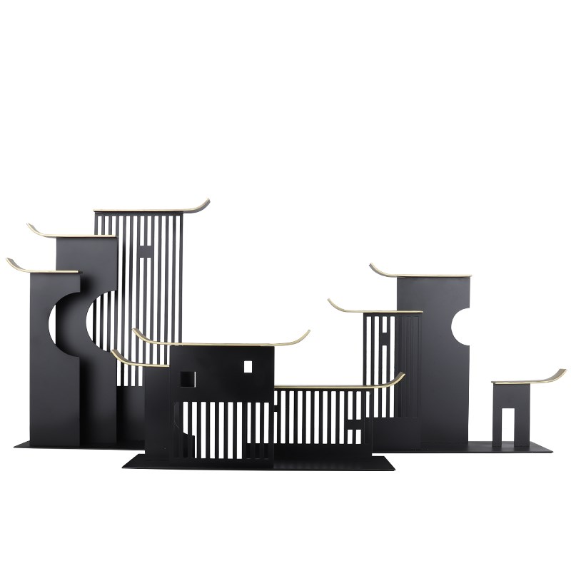 新中式古典铁艺金属屋檐摆件样板房客厅酒店大堂玄关书柜软装饰品
