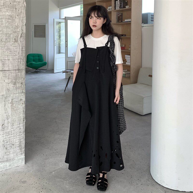 陆与山屿【山野】烧花工艺裙子女镂空背带夏日连衣裙黑色气质长裙