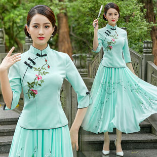 夏季新款清新古韵唐装中式绣花七分袖中国风改良版旗袍上衣